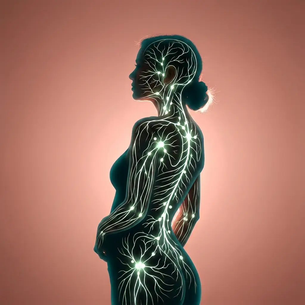 Silhouette of a woman standing in profile with hair in a bun and warm orange backlight